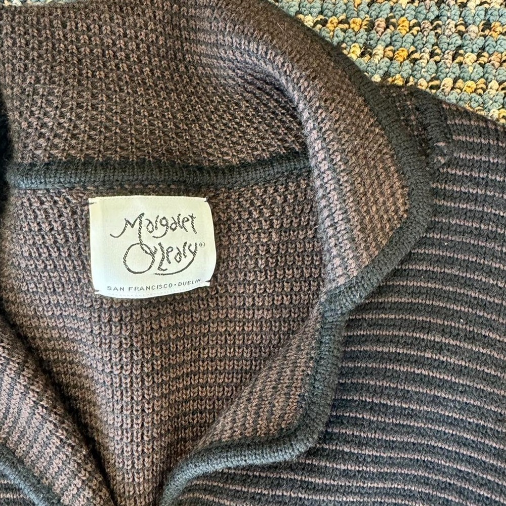 Margaret O'Leary Merino Wool Striped Cardigan Brown Black Shawl Collar Sweater - Picture 5 of 8